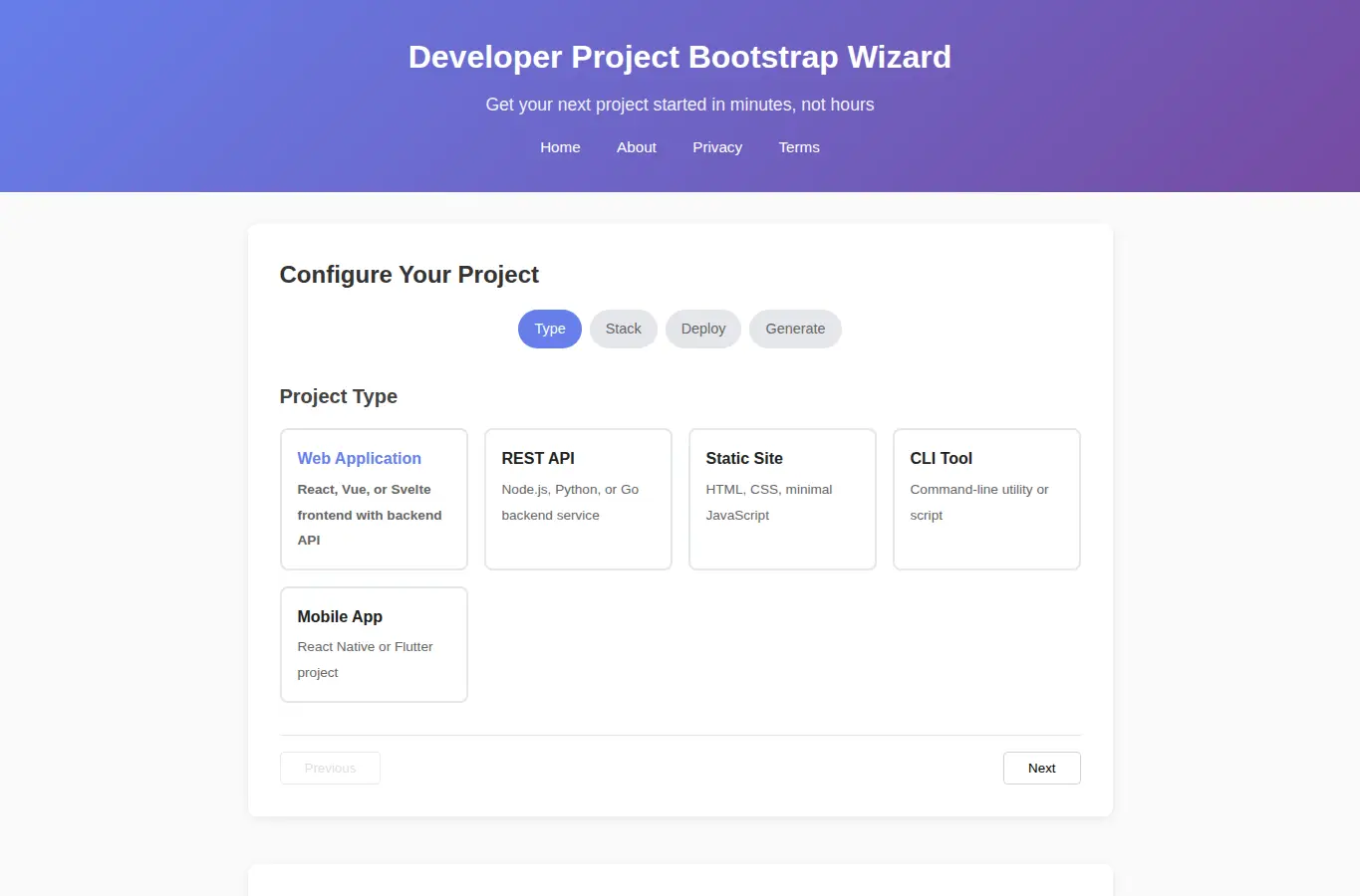 Screenshot of Developer Project Bootstrap Wizard interface showing the project page in use